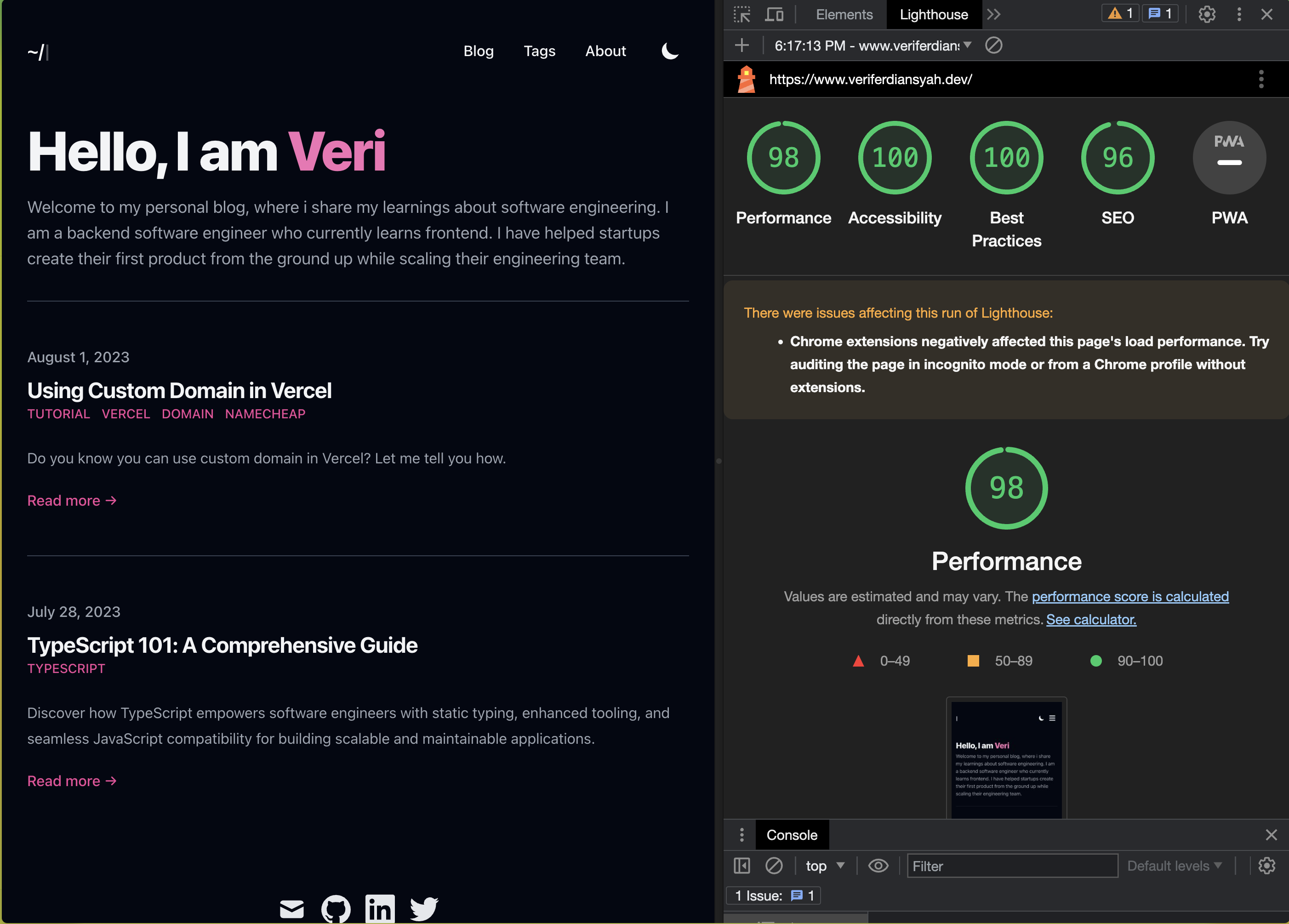 Lighthouse scores of Veri Ferdiansyah's blog, a Next.js 13 static web app deployed on Vercel with React Server Components to allow partial hydrations